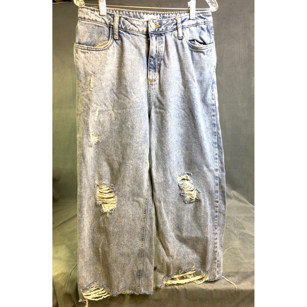 Avec Les Filles Jeans Womens 30 Blue Wide Leg Crop Distressed High Rise Grunge
